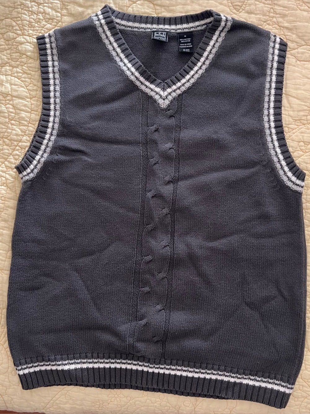 Classic Vintage Knit V-Neck Grey Sweater Vest — Black with White Trim